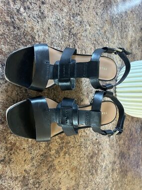 Franco Sarto Black Leather Strappy Cork Heel Sandals